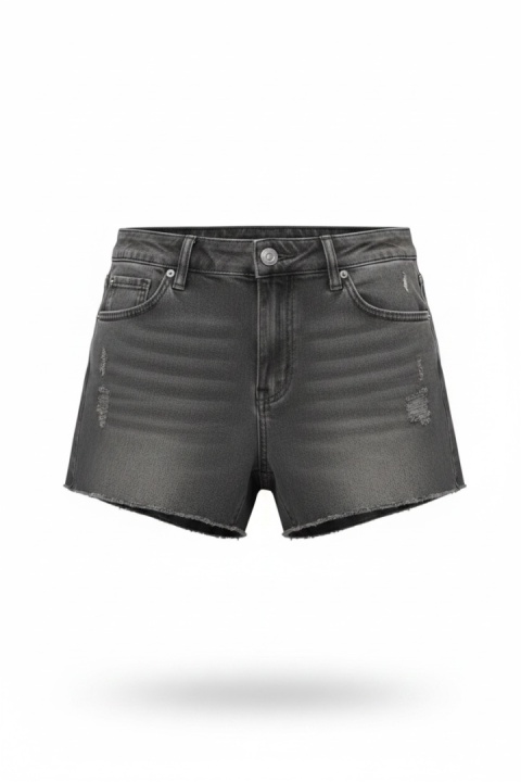 Szorty jeansowe Stradivarius – grafitowe, distressed, frędzle – rozmiar 34 (XS)